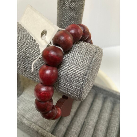 HEART Bracelet Love Romance Pendant Burgundy Red Wood Stretch 10mm Beads - Picture 4 of 7